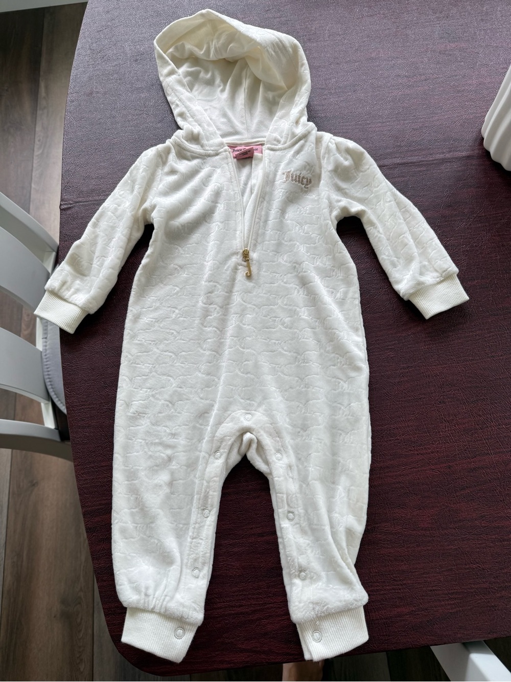 Juicy Couture Cream Hooded Baby Footie with Gold Zip Pull